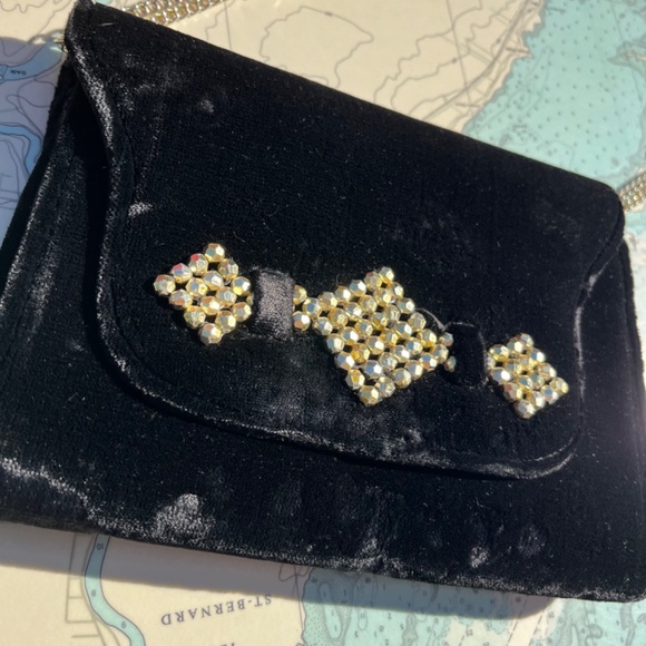 Vintage 90s Black Velvet Studded Evening Purse / Clutch - Picture 3 of 8